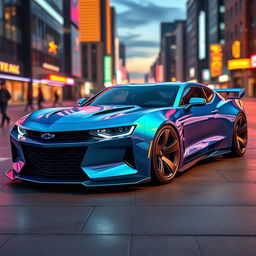 A futuristic concept car designed as the 20026 Camaro, featuring sleek aerodynamic lines, a low profile, and sharp angles