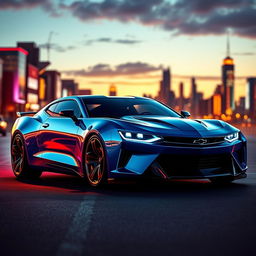 A futuristic concept car designed as the 20026 Camaro, featuring sleek aerodynamic lines, a low profile, and sharp angles