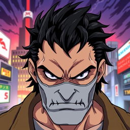 A grim-faced man wearing an anime-style face mask, characterized by bold colors and expressive features common in anime
