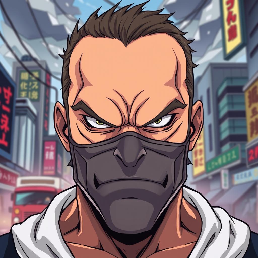 A grim-faced man wearing an anime-style face mask, characterized by bold colors and expressive features common in anime