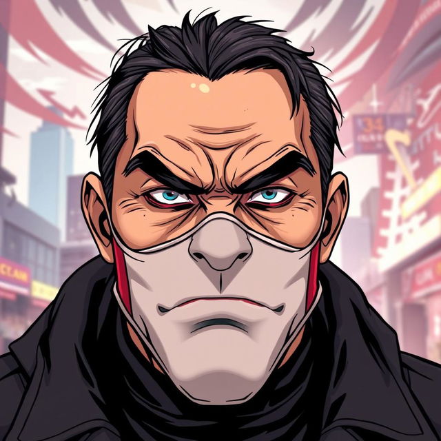 A grim-faced man wearing an anime-style face mask, characterized by bold colors and expressive features common in anime