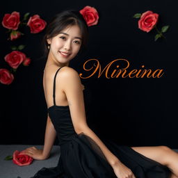 A beautiful Korean woman poses elegantly and attractively, sitting sideways while glancing at the camera with a soft and cute smile