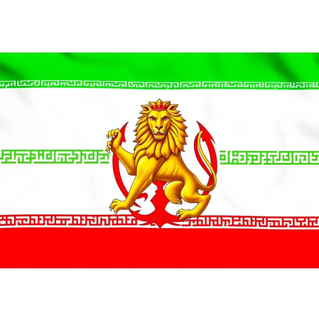 The Iranian flag with a vibrant green top stripe, a white middle stripe, and a red bottom stripe, featuring a majestic golden lion in the center symbolizing strength and courage