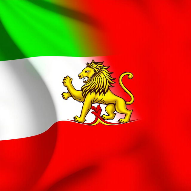 The Iranian flag with a vibrant green top stripe, a white middle stripe, and a red bottom stripe, featuring a majestic golden lion in the center symbolizing strength and courage