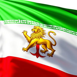 The Iranian flag with a vibrant green top stripe, a white middle stripe, and a red bottom stripe, featuring a majestic golden lion in the center symbolizing strength and courage