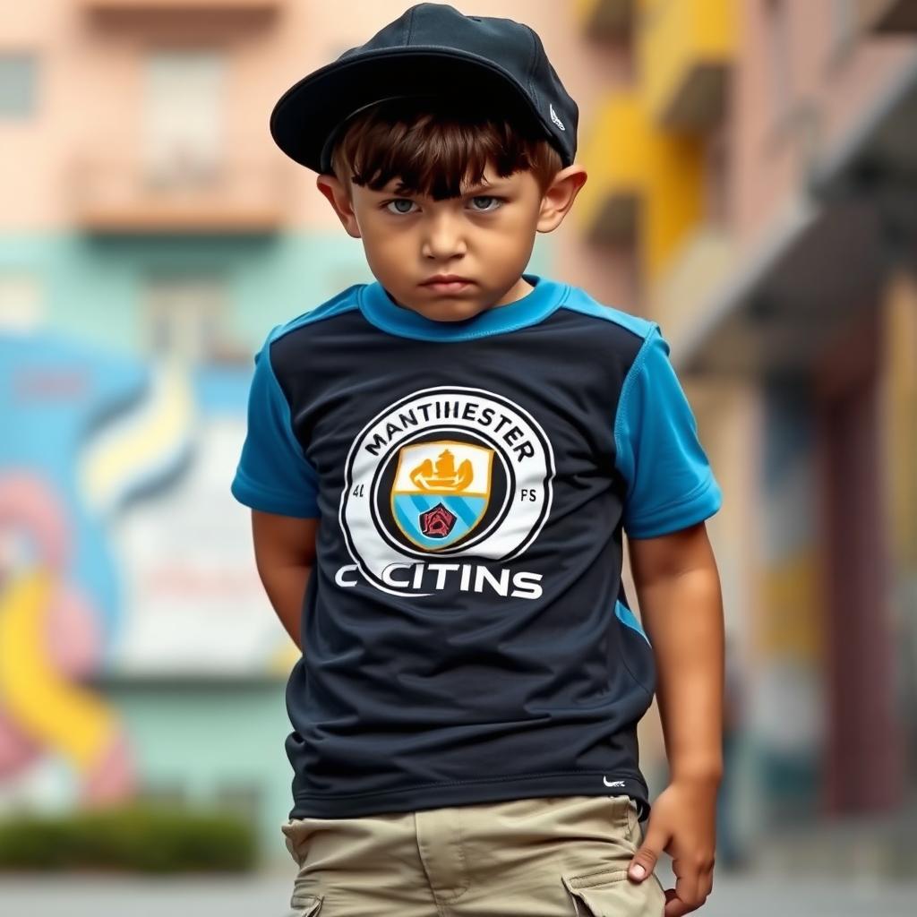 A young boy with a tilted cap, frowning, wearing a Manchester City football shirt paired with cargo pants