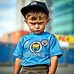 A young boy with a tilted cap, frowning, wearing a Manchester City football shirt paired with cargo pants