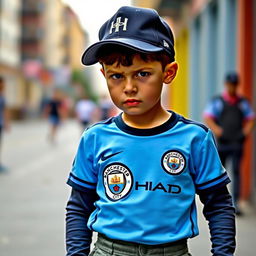 A young boy with a tilted cap, frowning, wearing a Manchester City football shirt paired with cargo pants