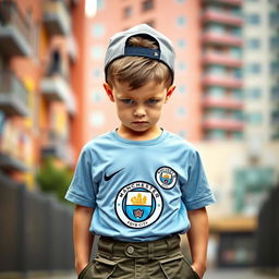 A young boy with a tilted cap, frowning, wearing a Manchester City football shirt paired with cargo pants