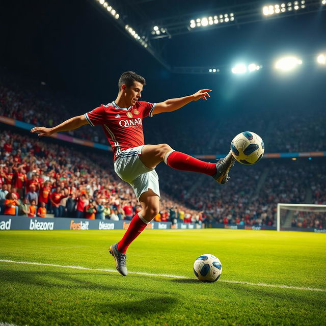 A high-energy action shot of Cristiano Ronaldo, the famous soccer player, in a stadium during a match