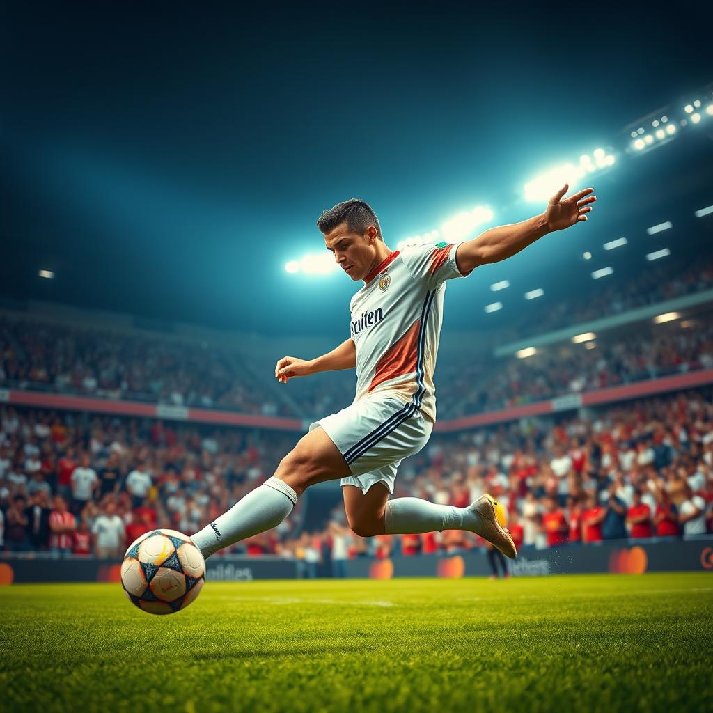 A high-energy action shot of Cristiano Ronaldo, the famous soccer player, in a stadium during a match