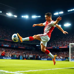 A high-energy action shot of Cristiano Ronaldo, the famous soccer player, in a stadium during a match