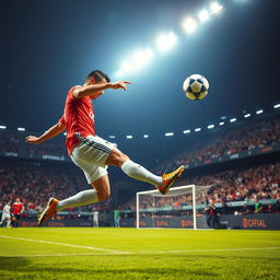 A high-energy action shot of Cristiano Ronaldo, the famous soccer player, in a stadium during a match