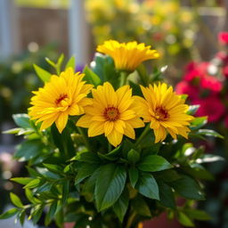 A beautiful bouquet featuring three golden flowers, elegantly arranged with lush green foliage
