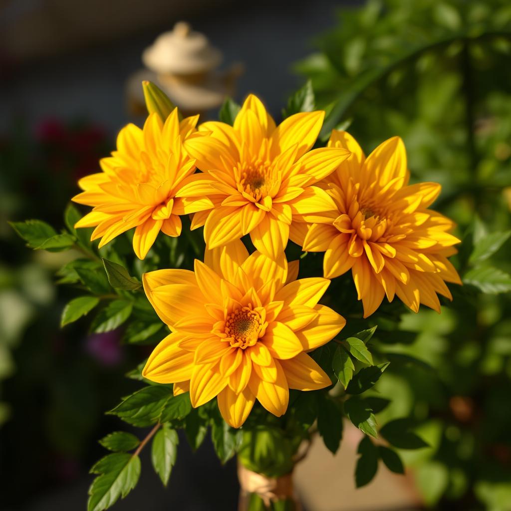 A beautiful bouquet featuring three golden flowers, elegantly arranged with lush green foliage