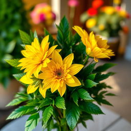 A beautiful bouquet featuring three golden flowers, elegantly arranged with lush green foliage