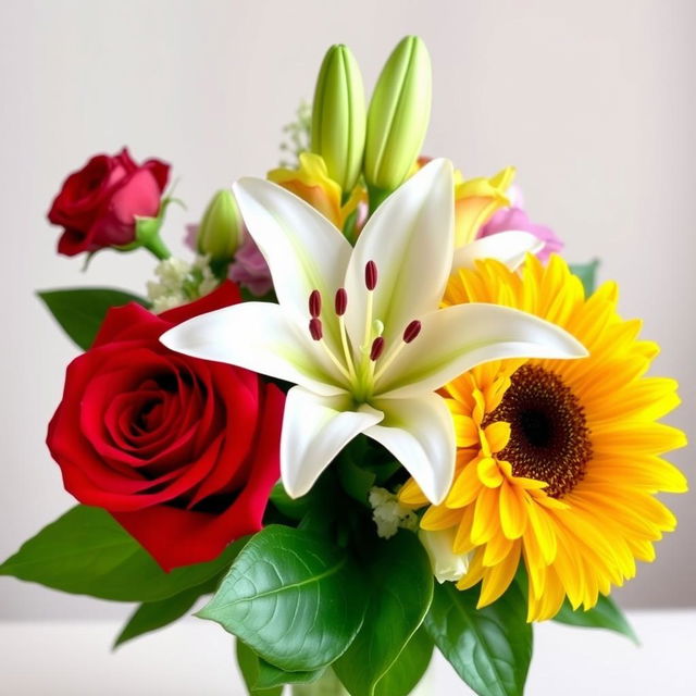 A beautiful bouquet featuring three vibrant flowers: a stunning red rose, a delicate white lily, and a bright yellow sunflower, elegantly arranged together with lush green leaves and soft filler blooms, set against a softly blurred background to enhance the beauty of the flowers