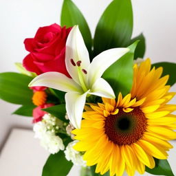 A beautiful bouquet featuring three vibrant flowers: a stunning red rose, a delicate white lily, and a bright yellow sunflower, elegantly arranged together with lush green leaves and soft filler blooms, set against a softly blurred background to enhance the beauty of the flowers