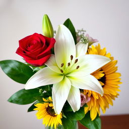 A beautiful bouquet featuring three vibrant flowers: a stunning red rose, a delicate white lily, and a bright yellow sunflower, elegantly arranged together with lush green leaves and soft filler blooms, set against a softly blurred background to enhance the beauty of the flowers