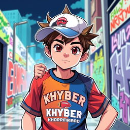 A vibrant anime-style illustration of a teenage boy with a sideways cap, wearing a team jersey of Khyber Khorramabad