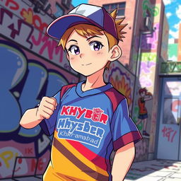 A vibrant anime-style illustration of a teenage boy with a sideways cap, wearing a team jersey of Khyber Khorramabad
