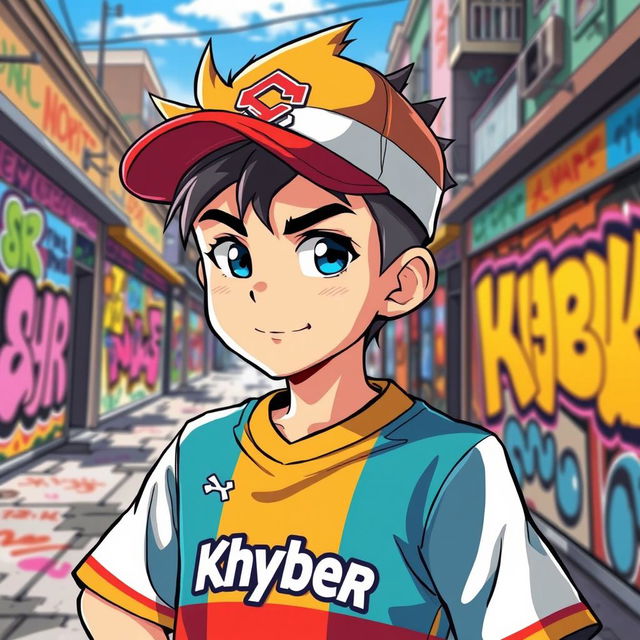 A vibrant anime-style illustration of a teenage boy with a sideways cap, wearing a team jersey of Khyber Khorramabad