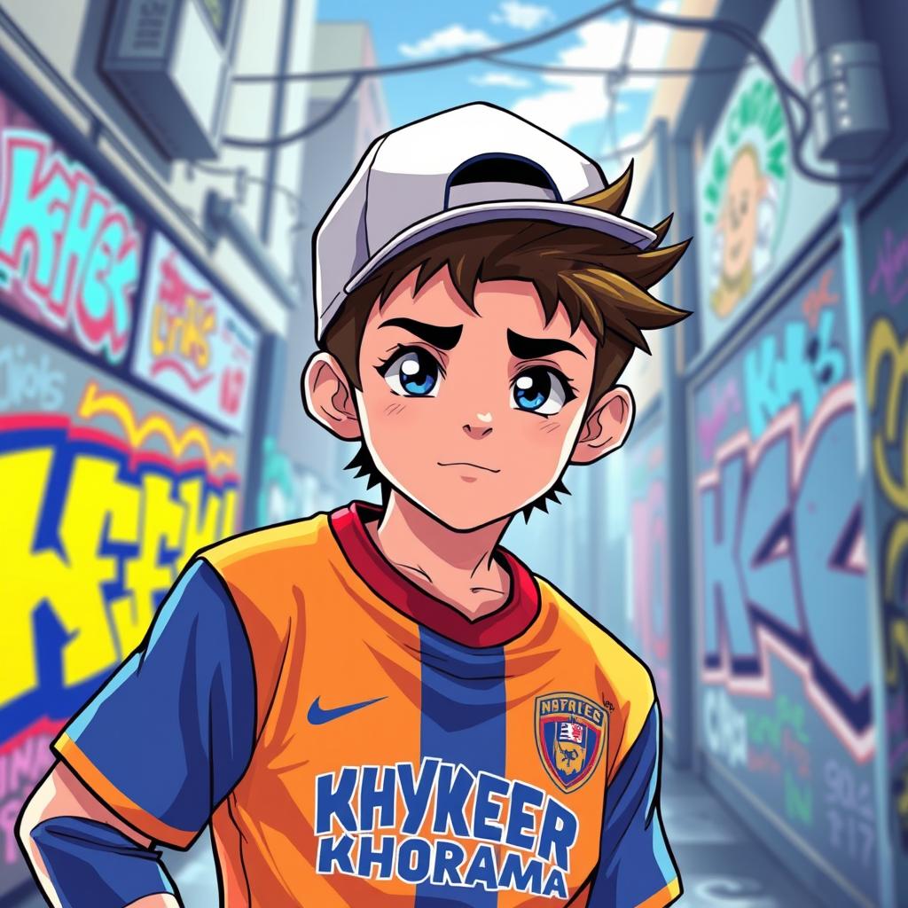 A vibrant anime-style illustration of a teenage boy with a sideways cap, wearing a team jersey of Khyber Khorramabad