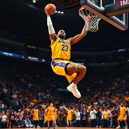 A powerful image of LeBron James soaring through the air for a slam dunk on a basketball court