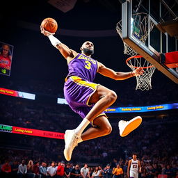 A powerful image of LeBron James soaring through the air for a slam dunk on a basketball court