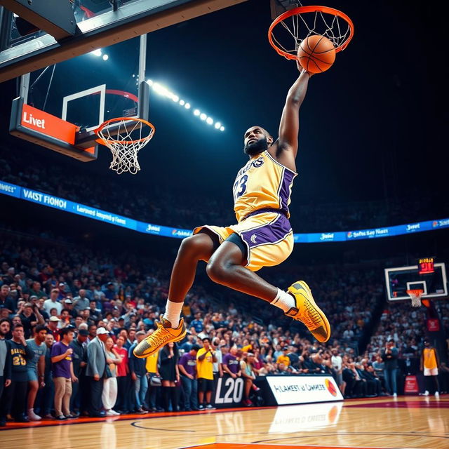 A powerful image of LeBron James soaring through the air for a slam dunk on a basketball court