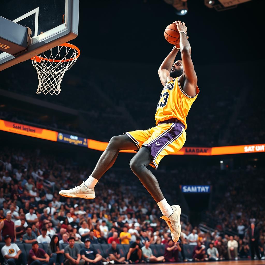 A powerful image of LeBron James soaring through the air for a slam dunk on a basketball court