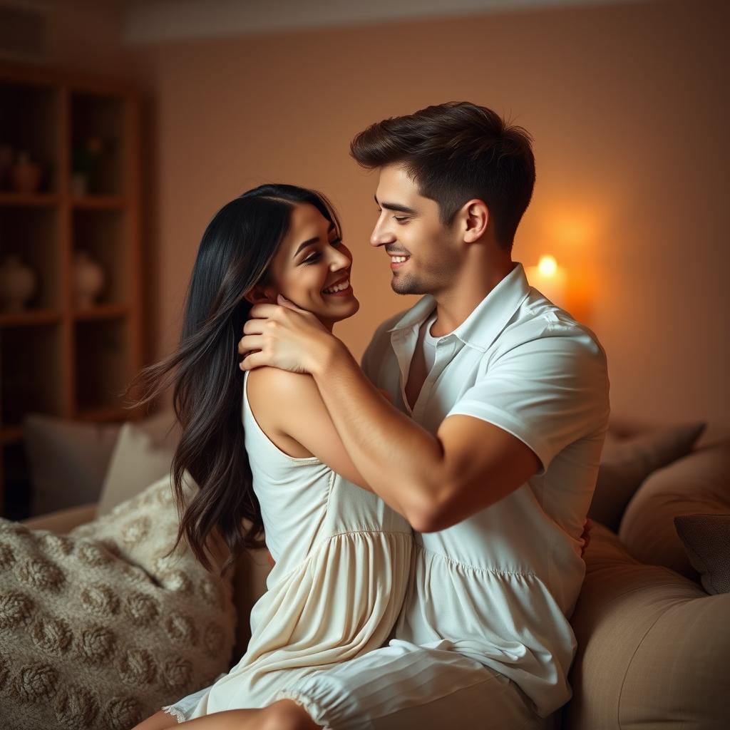 A romantic couple embracing in a cozy, softly-lit room filled with warm colors