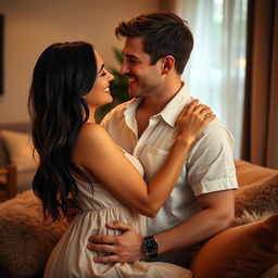 A romantic couple embracing in a cozy, softly-lit room filled with warm colors