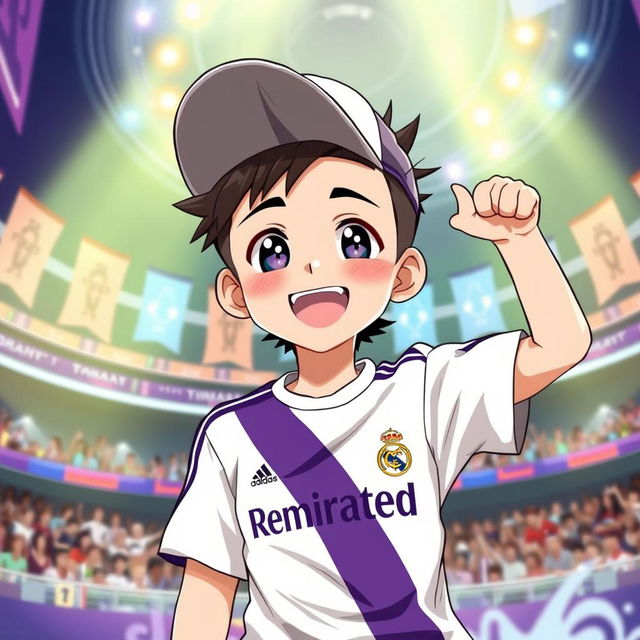 A lively anime-style illustration of a teenage boy wearing a sideways cap and a Real Madrid jersey