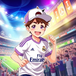 A lively anime-style illustration of a teenage boy wearing a sideways cap and a Real Madrid jersey