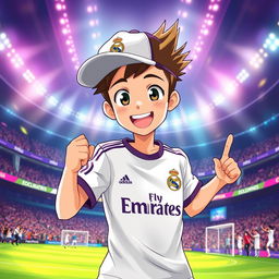 A lively anime-style illustration of a teenage boy wearing a sideways cap and a Real Madrid jersey