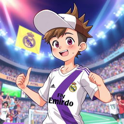 A lively anime-style illustration of a teenage boy wearing a sideways cap and a Real Madrid jersey