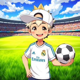 An anime-style boy wearing a sideways cap and a Real Madrid team jersey