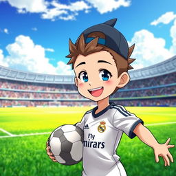 An anime-style boy wearing a sideways cap and a Real Madrid team jersey