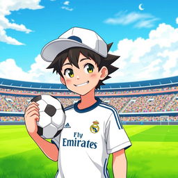 An anime-style boy wearing a sideways cap and a Real Madrid team jersey