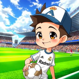 An anime-style boy wearing a sideways cap and a Real Madrid team jersey