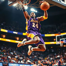 A dynamic and powerful image of Kobe Bryant in action, mid-air during a slam dunk, showcasing his incredible athleticism