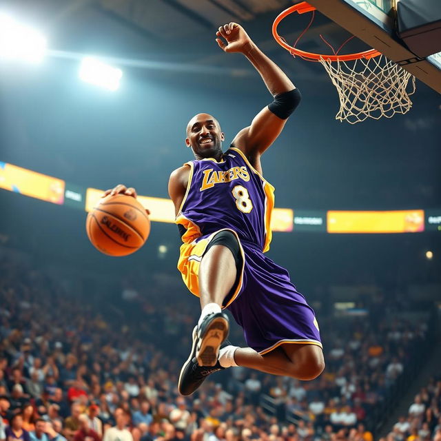 A dynamic and powerful image of Kobe Bryant in action, mid-air during a slam dunk, showcasing his incredible athleticism