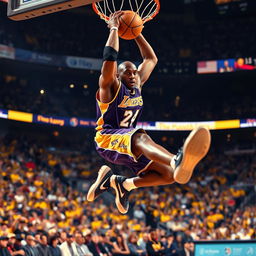 A dynamic and powerful image of Kobe Bryant in action, mid-air during a slam dunk, showcasing his incredible athleticism