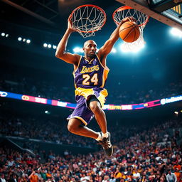 A dynamic and powerful image of Kobe Bryant in action, mid-air during a slam dunk, showcasing his incredible athleticism