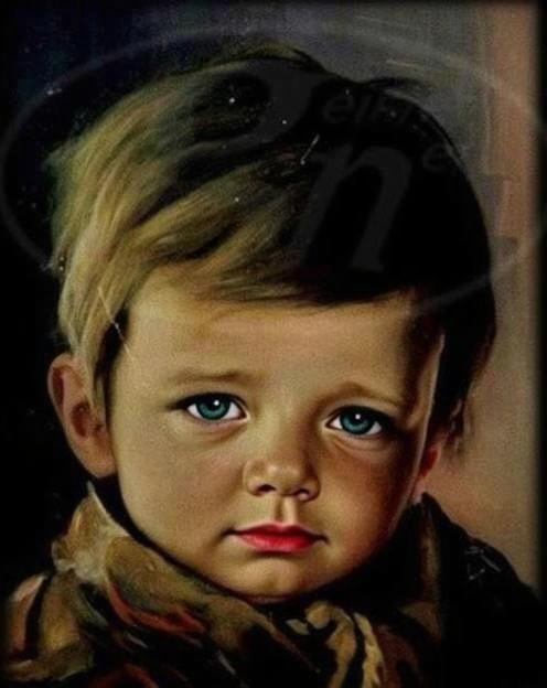 A portrait of a young child with gentle features and big, expressive blue eyes