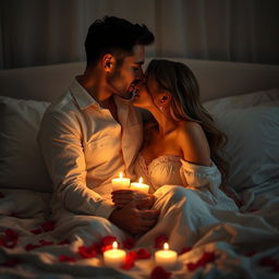 A romantic and intimate scene depicting a couple sharing a passionate embrace in a beautifully lit bedroom
