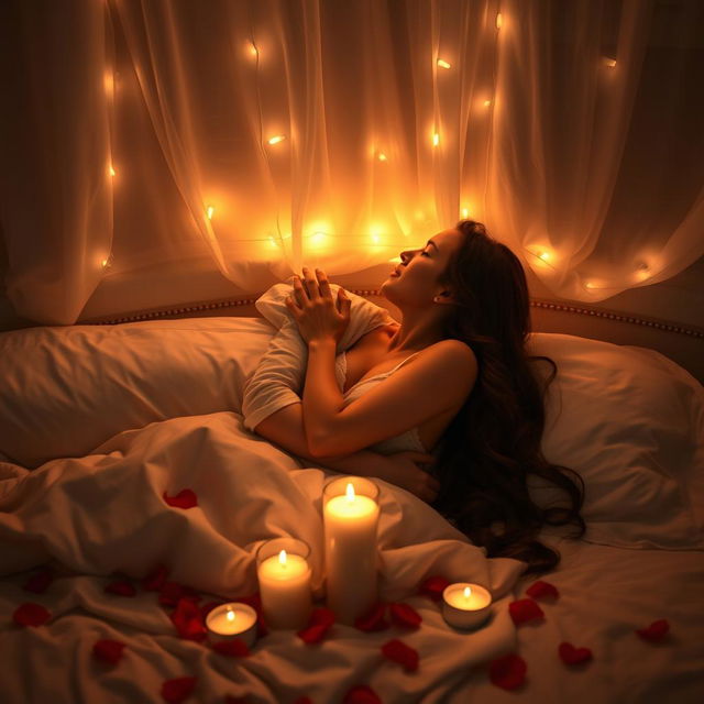 A romantic and intimate scene depicting a couple sharing a passionate embrace in a beautifully lit bedroom