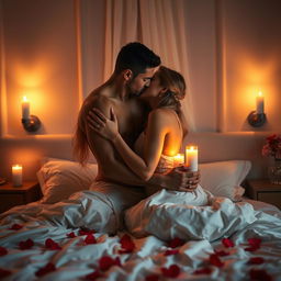 A romantic and intimate scene depicting a couple sharing a passionate embrace in a beautifully lit bedroom