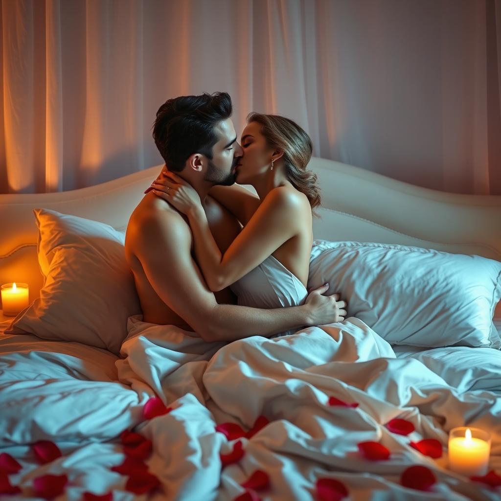 A romantic and intimate scene depicting a couple sharing a passionate embrace in a beautifully lit bedroom